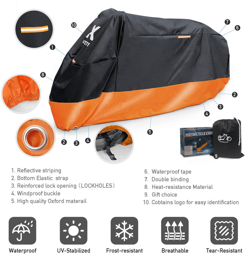XYZCTEM Motorcycle Cover – All Season Waterproof Outdoor Protection – Precision Fit up to 108 Inch Tour Bikes, Choppers and Cruisers – Protect Against Dust, Debris, Rain and Weather(XXL,Black& Orange) Vehicles & Parts > Vehicle Parts & Accessories > Vehicle Maintenance, Care & Decor > Vehicle Covers > Vehicle Storage Covers > Motorcycle Storage Covers ‎XYZCTEM   