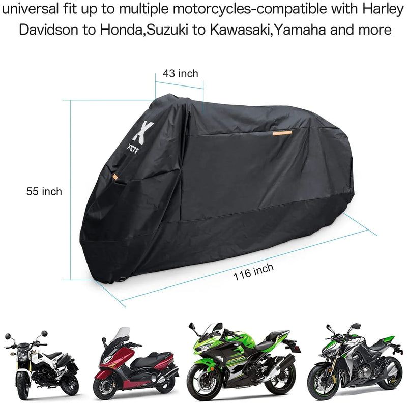 XYZCTEM Motorcycle Cover -Waterproof Outdoor Storage Bag,Made of Heavy Duty Material Fits up to 116 inch, Compatible with Harley Davison and All Motors(Black& Lockholes& Professional Windproof Strap) Vehicles & Parts > Vehicle Parts & Accessories > Vehicle Maintenance, Care & Decor > Vehicle Covers > Vehicle Storage Covers > Motorcycle Storage Covers XYZCTEM   