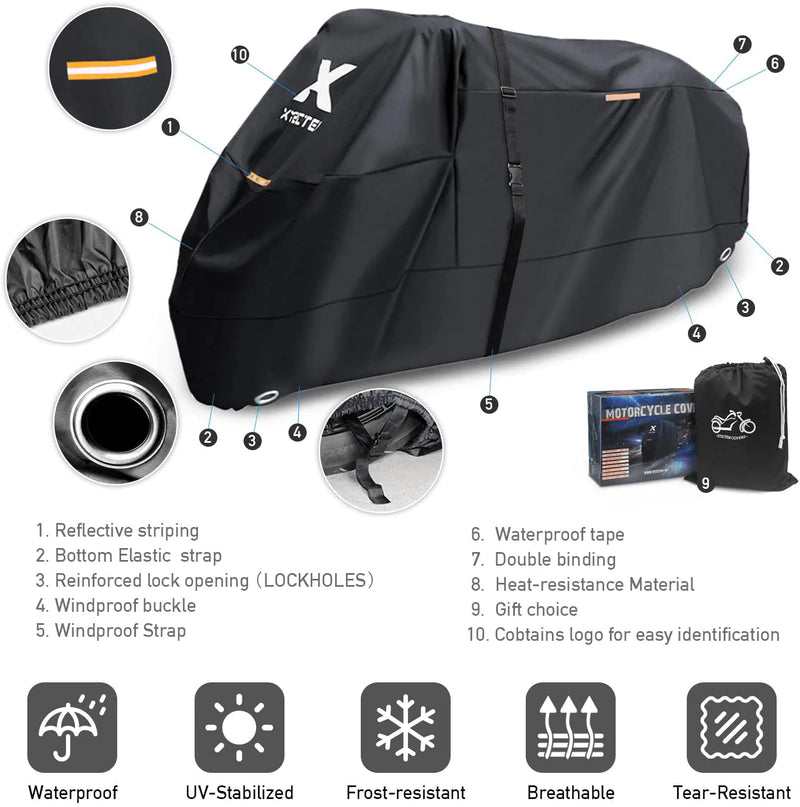 XYZCTEM Motorcycle Cover -Waterproof Outdoor Storage Bag,Made of Heavy Duty Material Fits up to 116 inch, Compatible with Harley Davison and All Motors(Black& Lockholes& Professional Windproof Strap) Vehicles & Parts > Vehicle Parts & Accessories > Vehicle Maintenance, Care & Decor > Vehicle Covers > Vehicle Storage Covers > Motorcycle Storage Covers XYZCTEM   