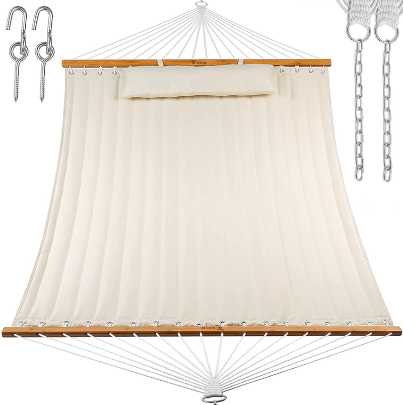 Y- STOP 13.2FT Hammock with Pillow, Quilted Fabric Hammock with Chains and Hooks for Outdoor, Indoor, Double Solid Wood, for Two Person, Max 440 Lbs, Beige Home & Garden > Lawn & Garden > Outdoor Living > Hammocks Y- STOP Beige  