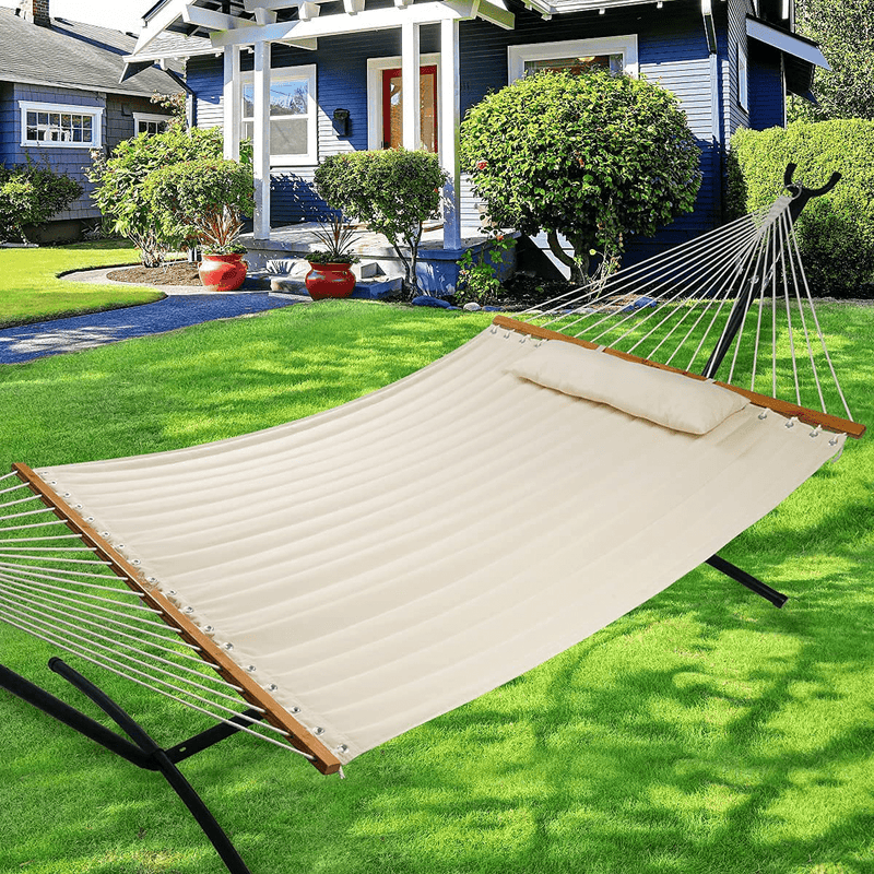 Y- STOP 13.2FT Hammock with Pillow, Quilted Fabric Hammock with Chains and Hooks for Outdoor, Indoor, Double Solid Wood, for Two Person, Max 440 Lbs, Beige Home & Garden > Lawn & Garden > Outdoor Living > Hammocks Y- STOP   