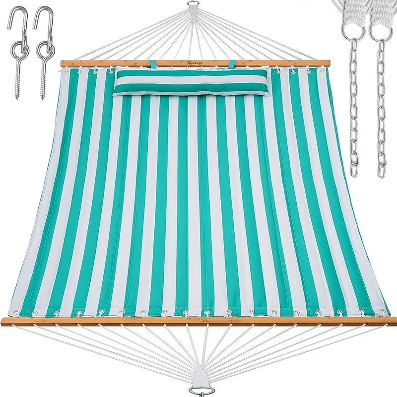 Y- STOP 13.2FT Hammock with Pillow, Quilted Fabric Hammock with Chains and Hooks for Outdoor, Indoor, Double Solid Wood, for Two Person, Max 440 Lbs, Beige Home & Garden > Lawn & Garden > Outdoor Living > Hammocks Y- STOP Green Stripes  