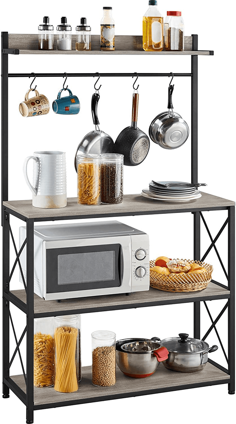 Yaheetech 4-Tier Bakers Rack for Kitchen with Storage and Hooks, Microwave Oven Stand Kitchen Baker'S Rack for Dining Room, Wood Kitchen Rack with Utility Storage Shelf, 36.5 X 13.5 X 63 In, Gray