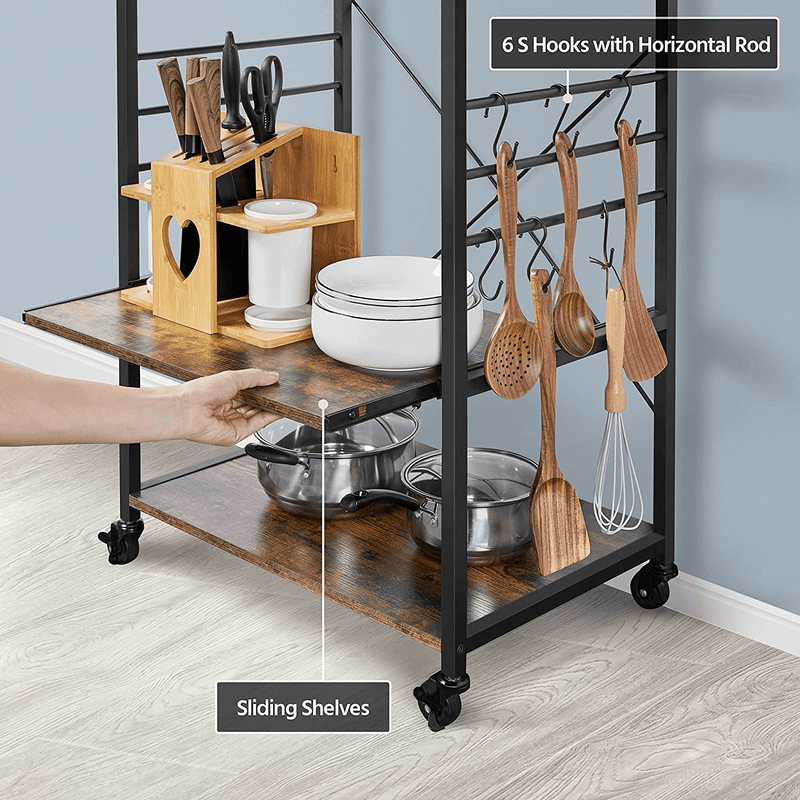 Yaheetech 4-Tier Rolling Bakers Rack for Kitchen with Storage and Sliding Shelf, Utility Microwave Oven Stand Cart Spice Rack Kitchen Organizer on Wheels with 6 Hooks and Adjustable Feet, Rustic Brown Home & Garden > Kitchen & Dining > Food Storage Yaheetech   