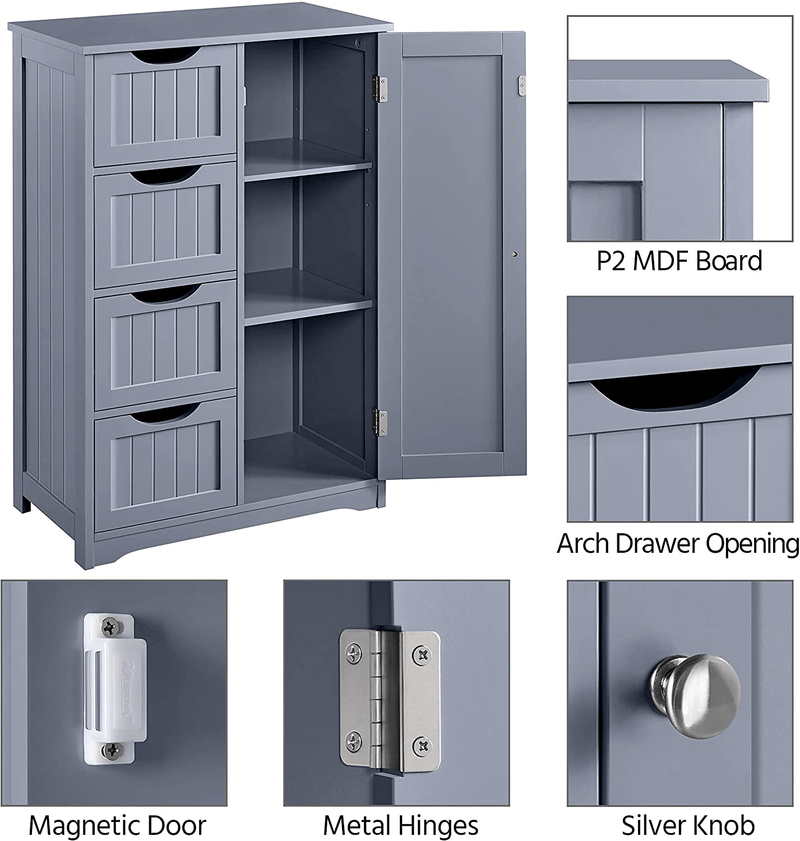 Yaheetech Bathroom Floor Cabinet, Freestanding Storage Oragnizer Unit Kitchen Cupboard W/ 4 Drawers & Adjustable Shelves, Using for Living Room/Kitchen/Bathroom, Gray