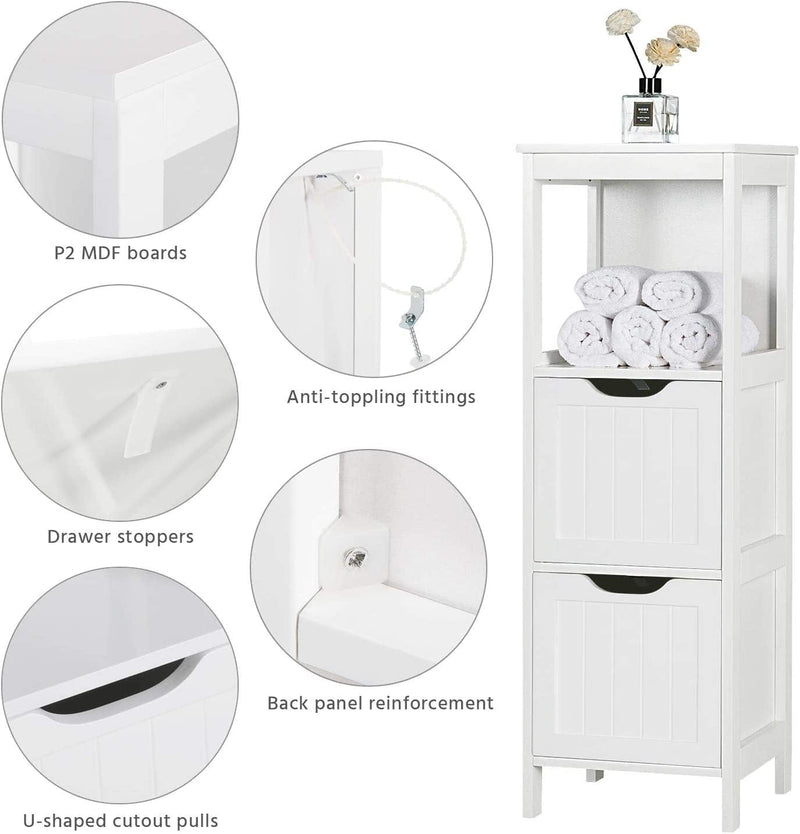Yaheetech Bathroom Floor Cabinet, Wooden Storage Cabinet with 2 Drawers, Multifunctional Side Organizer Rack Stand Table, White
