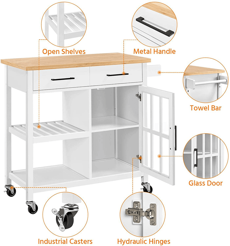 Yaheetech Kitchen Cart W/Bamboo Top, Rolling Kitchen Island with Open Storage Shelf, Wide Drawer, Towel Rack and Tempered Glass Storage Cabinet Door, 36”H, White Home & Garden > Kitchen & Dining > Food Storage Yaheetech   