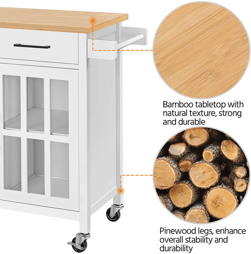 Yaheetech Kitchen Cart W/Bamboo Top, Rolling Kitchen Island with Open Storage Shelf, Wide Drawer, Towel Rack and Tempered Glass Storage Cabinet Door, 36”H, White Home & Garden > Kitchen & Dining > Food Storage Yaheetech   