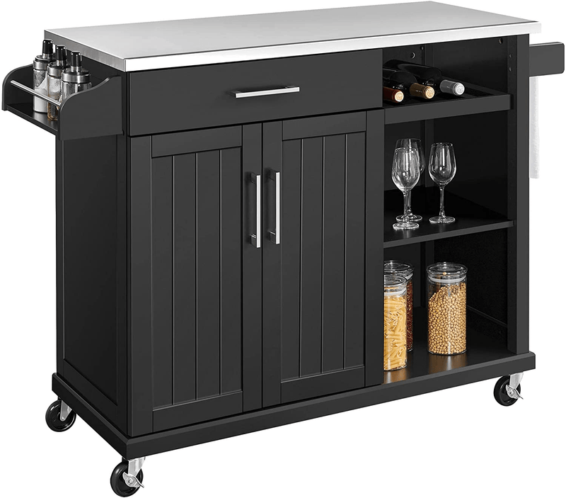 Yaheetech Kitchen Cart with Stainless Steel Top and Storage Cabinet, Kitchen Island on Wheels with Drawer & Open Shelves & Wine Rack & Spice Rack, L51Xw18Xh36 Inches, Black Home & Garden > Kitchen & Dining > Food Storage Yaheetech Black  