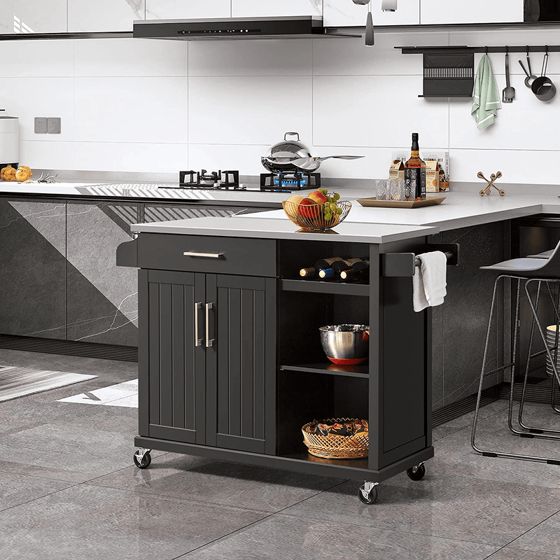 Yaheetech Kitchen Cart with Stainless Steel Top and Storage Cabinet, Kitchen Island on Wheels with Drawer & Open Shelves & Wine Rack & Spice Rack, L51Xw18Xh36 Inches, Black Home & Garden > Kitchen & Dining > Food Storage Yaheetech   