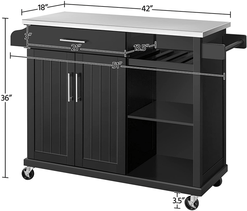 Yaheetech Kitchen Cart with Stainless Steel Top and Storage Cabinet, Kitchen Island on Wheels with Drawer & Open Shelves & Wine Rack & Spice Rack, L51Xw18Xh36 Inches, Black