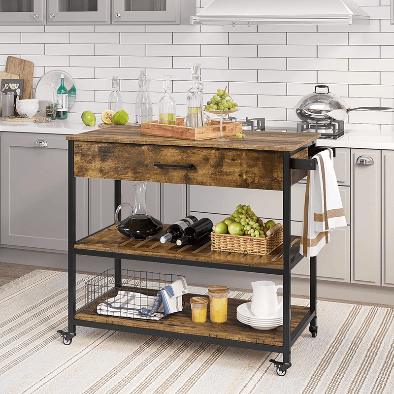 Yaheetech Kitchen Island on Wheels with Storage Drawer & Shelves, 3-Tier Utility Kitchen Cart with Towel Rack & Lockable Wheels for Dining Room, 40 X 20 X 36 Inches, Rustic Brown