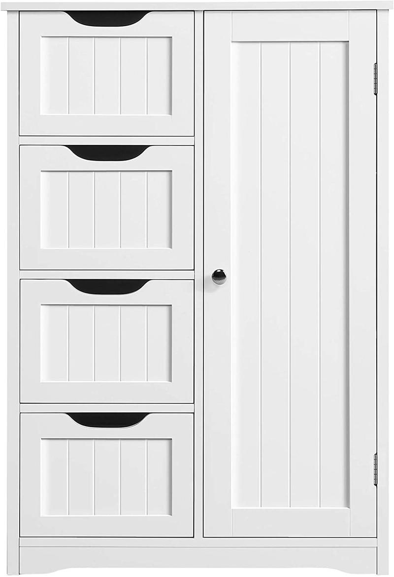 Yaheetech Wooden Bathroom Floor Cabinet, Side Storage Organizer Cabinet with 4 Drawers and 1 Cupboard, Freestanding Entryway Storage Unit Console Table, Bathroom Furniture Home Decor, White Home & Garden > Kitchen & Dining > Food Storage Yaheetech White  