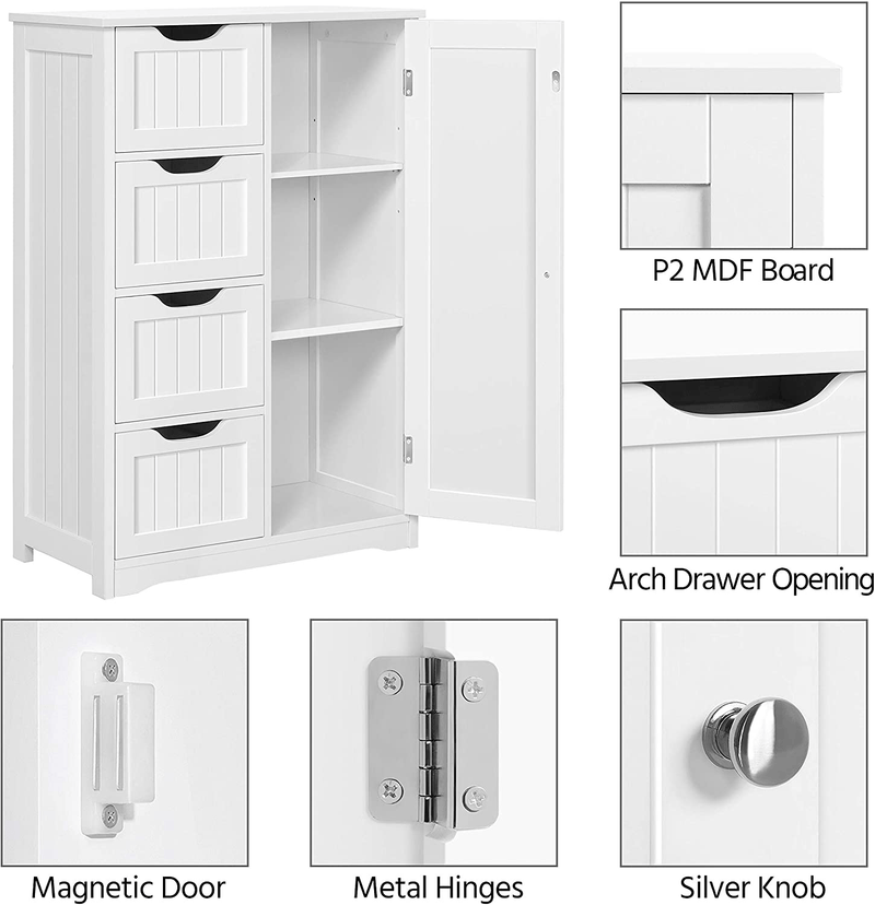 Yaheetech Wooden Bathroom Floor Cabinet, Side Storage Organizer Cabinet with 4 Drawers and 1 Cupboard, Freestanding Entryway Storage Unit Console Table, Bathroom Furniture Home Decor, White