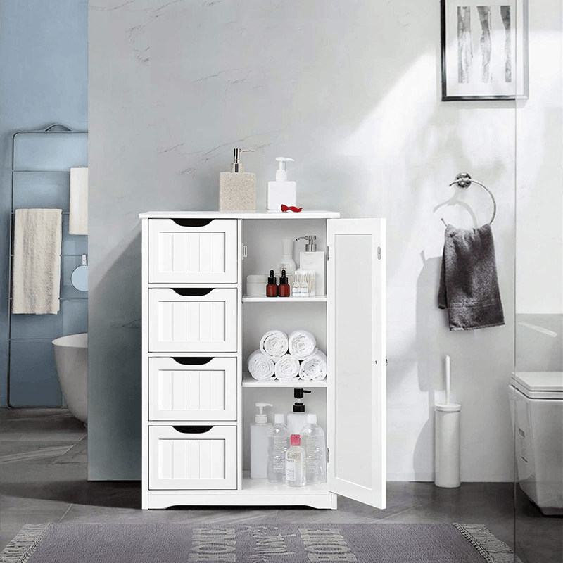 Yaheetech Wooden Bathroom Floor Cabinet, Side Storage Organizer Cabinet with 4 Drawers and 1 Cupboard, Freestanding Entryway Storage Unit Console Table, Bathroom Furniture Home Decor, White Home & Garden > Kitchen & Dining > Food Storage Yaheetech   