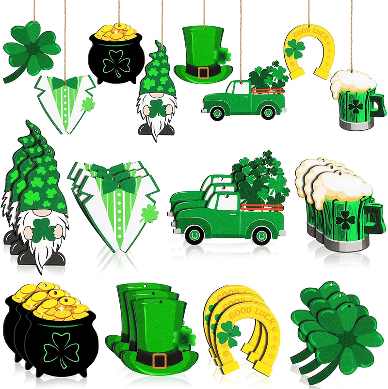 Yalikop 24 Pieces St Patricks Decorations Shamrock Wooden Ornaments Wood St Patricks Tree Hanging Ornaments Gnome Wooden Ornament for Irish Lucky Day St. Patrick'S Day Party Favors (Lovely Style)