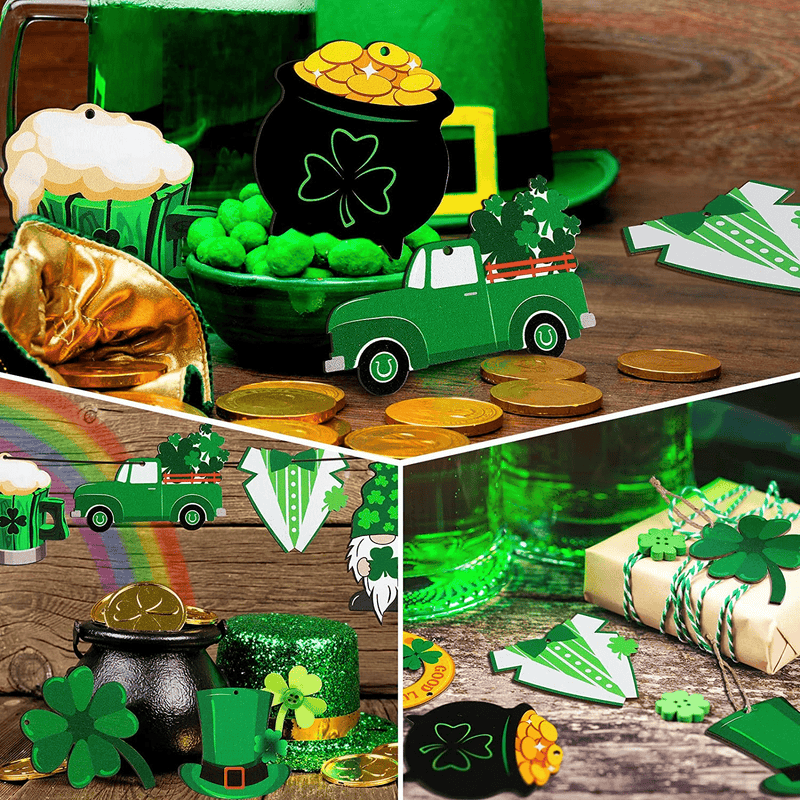 Yalikop 24 Pieces St Patricks Decorations Shamrock Wooden Ornaments Wood St Patricks Tree Hanging Ornaments Gnome Wooden Ornament for Irish Lucky Day St. Patrick'S Day Party Favors (Lovely Style)
