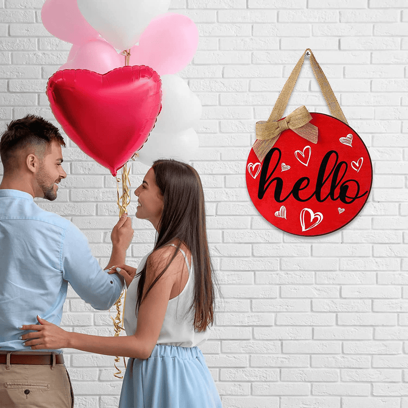Yalikop Valentine'S Day Hello Sign Door Hanger Wooden Hanging Sign Heart Printed Sign for Valentine'S Day Home Window Wall Farmhouse Indoor Outdoor Decor Home & Garden > Decor > Seasonal & Holiday Decorations Yalikop   