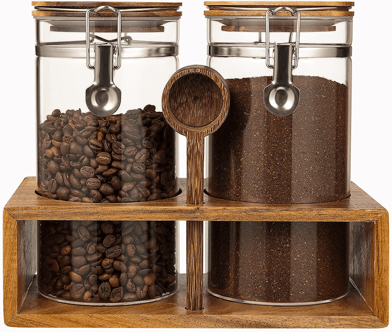 Yangbaga Glass Coffee Containers with Shelf, 2 X 45 Oz Coffee Bean Storage with Airtight Locking Clamp and Log Spoon, Large Capacity Food Storage Jar for Kitchen Home & Garden > Kitchen & Dining > Food Storage Yangbaga wood  