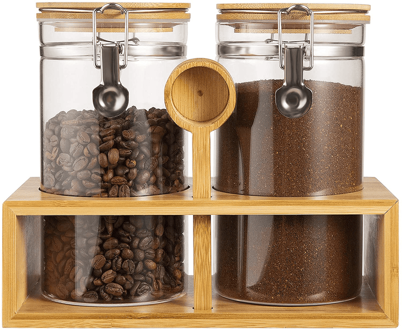 Yangbaga Glass Coffee Containers with Shelf, 2 X 45 Oz Coffee Bean Storage with Airtight Locking Clamp and Log Spoon, Large Capacity Food Storage Jar for Kitchen Home & Garden > Kitchen & Dining > Food Storage Yangbaga Bamboo  