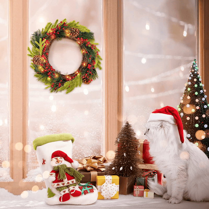 Yaqew Christmas Wreaths with Lights for Front Door and Windows, Winter Artificial Wreaths with Red Berries, Pine Cones, Pine Needles, Lighted Christmas Wreath for Outdoor Indoor Decorations 18" Home & Garden > Decor > Seasonal & Holiday Decorations& Garden > Decor > Seasonal & Holiday Decorations yaqew   