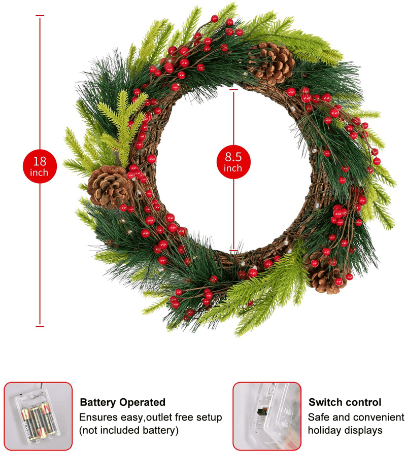 Yaqew Christmas Wreaths with Lights for Front Door and Windows, Winter Artificial Wreaths with Red Berries, Pine Cones, Pine Needles, Lighted Christmas Wreath for Outdoor Indoor Decorations 18" Home & Garden > Decor > Seasonal & Holiday Decorations& Garden > Decor > Seasonal & Holiday Decorations yaqew   
