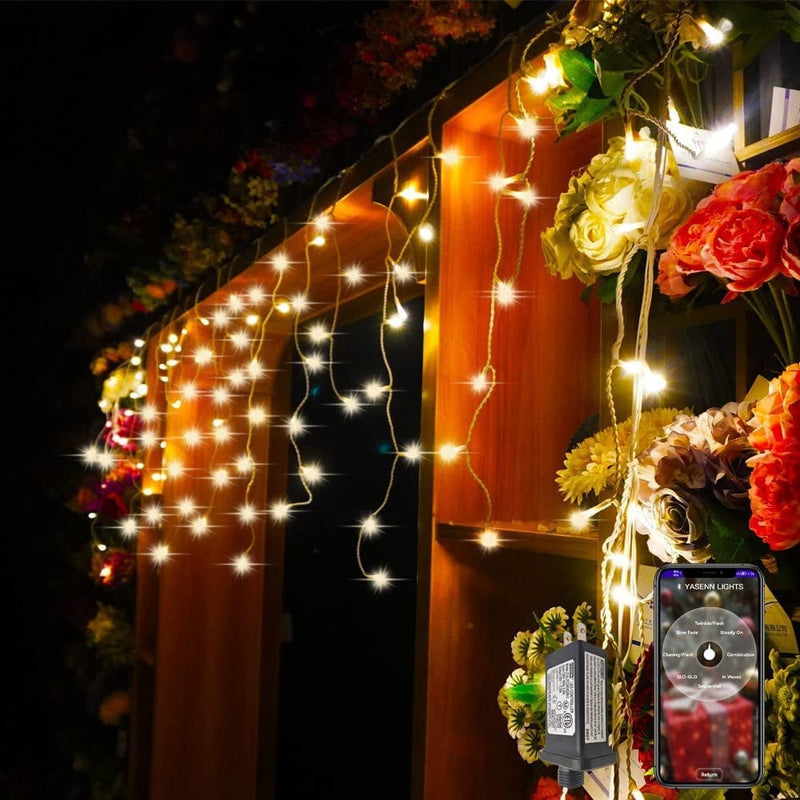 YASENN 300Led Icicle Style String Lights 29.5Ft,Update Connectable 8 Lighting Modes with Timer Icicle Lights for Home Garden Outdoor Indoor Eave Decor (Cool White LED White Cable) Home & Garden > Lighting > Light Ropes & Strings YASENN Warm White LED APP Controlled 29.5FT white cable icicle 