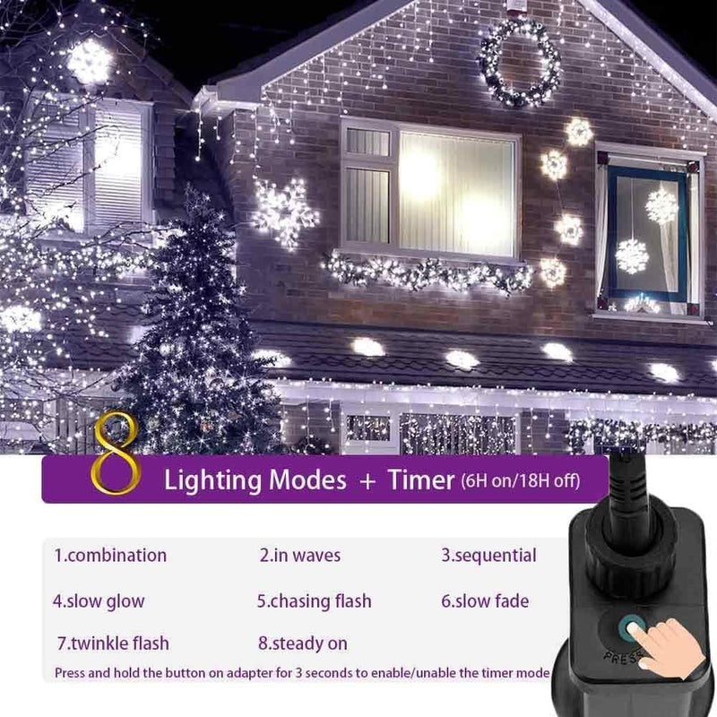 YASENN 300Led Icicle Style String Lights 29.5Ft,Update Connectable 8 Lighting Modes with Timer Icicle Lights for Home Garden Outdoor Indoor Eave Decor (Cool White LED White Cable) Home & Garden > Lighting > Light Ropes & Strings YASENN   