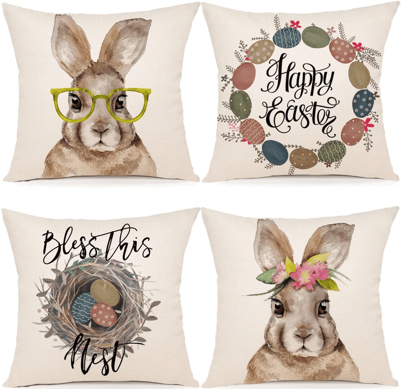 YCOLL Easter Decorations Easter Pillow Covers 18X18 Happy Easter Bunny Easter Eggs Blessing Easter Decor Pillowcase Set of 4 Home & Garden > Decor > Seasonal & Holiday Decorations YCOLL Multicolor 18x18",Set of 4 
