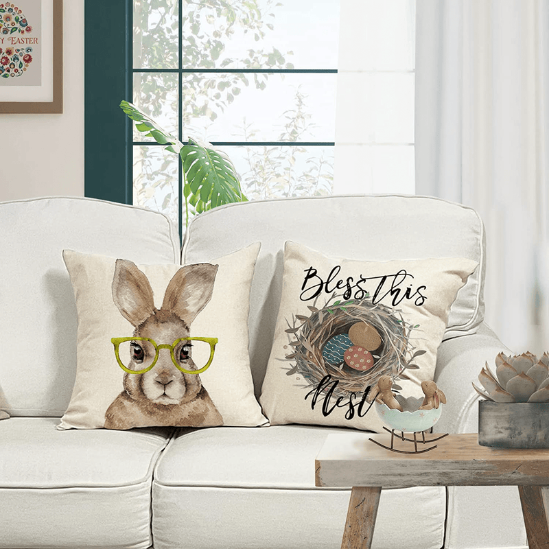 YCOLL Easter Decorations Easter Pillow Covers 18X18 Happy Easter Bunny Easter Eggs Blessing Easter Decor Pillowcase Set of 4