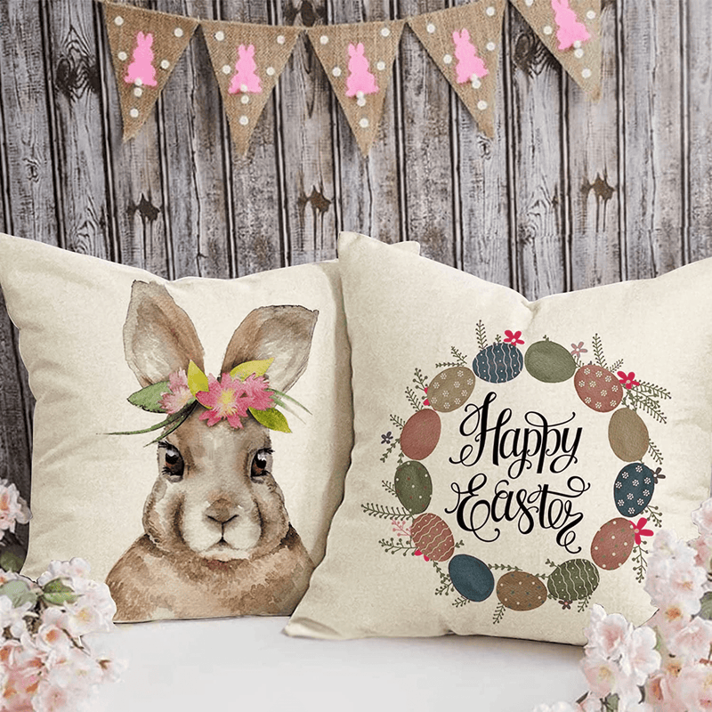 YCOLL Easter Decorations Easter Pillow Covers 18X18 Happy Easter Bunny Easter Eggs Blessing Easter Decor Pillowcase Set of 4