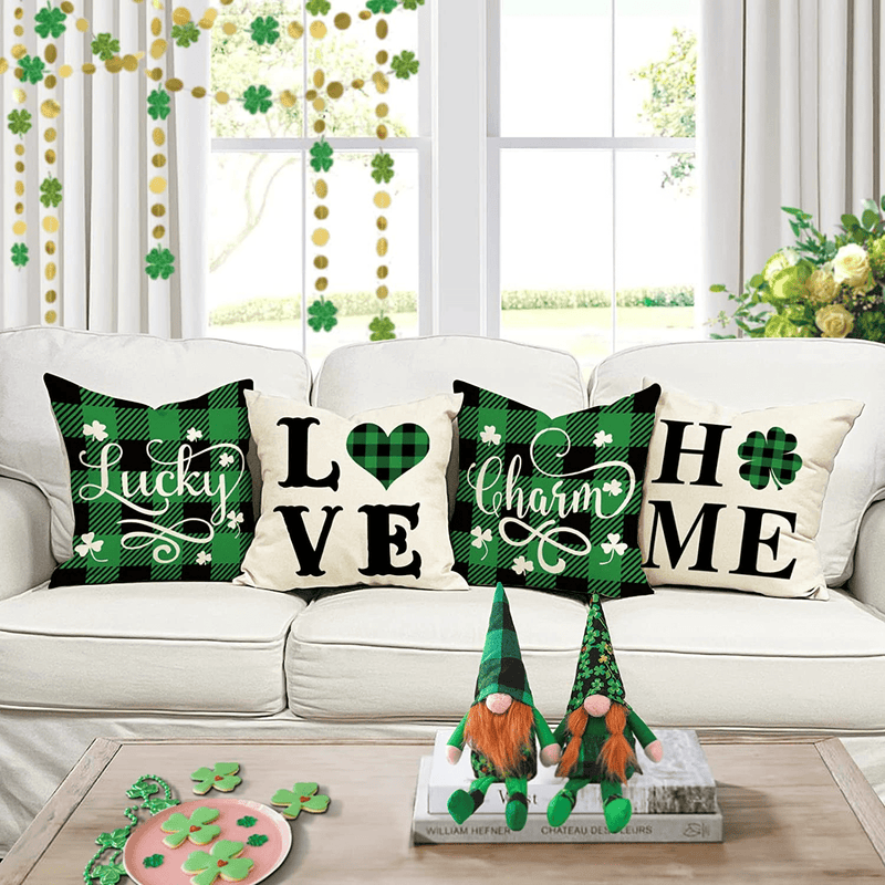 YCOLL St Patricks Day Decorations Pillow Covers 18X18 Set of 4 for Home Decor Buffalo Plaid Farmhouse Lucky Clover Shamrock Cushion Case for Sofa Couch Arts & Entertainment > Party & Celebration > Party Supplies YCOLL   