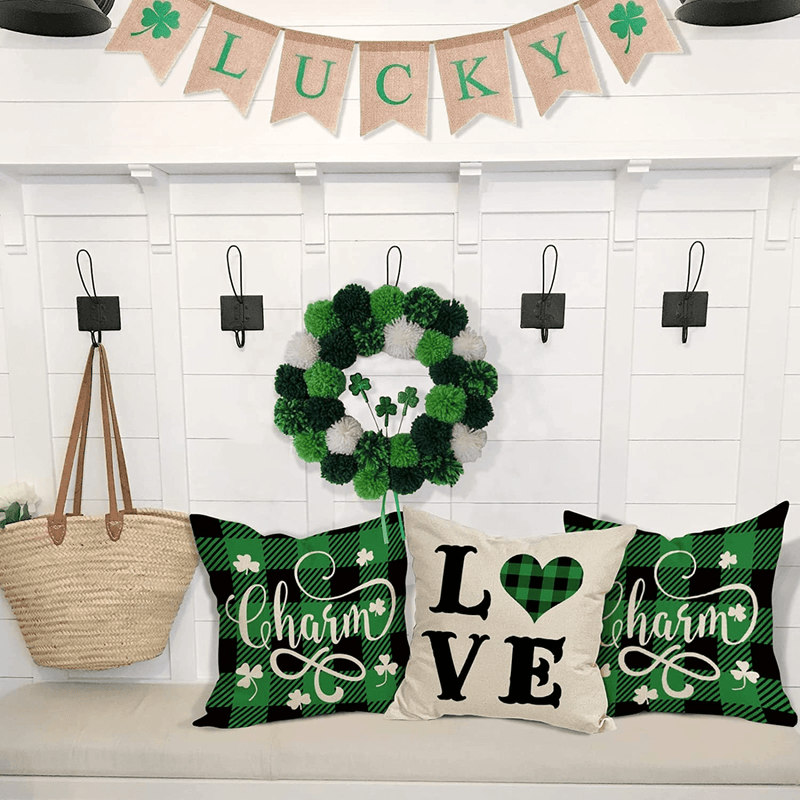 YCOLL St Patricks Day Decorations Pillow Covers 18X18 Set of 4 for Home Decor Buffalo Plaid Farmhouse Lucky Clover Shamrock Cushion Case for Sofa Couch Arts & Entertainment > Party & Celebration > Party Supplies YCOLL   