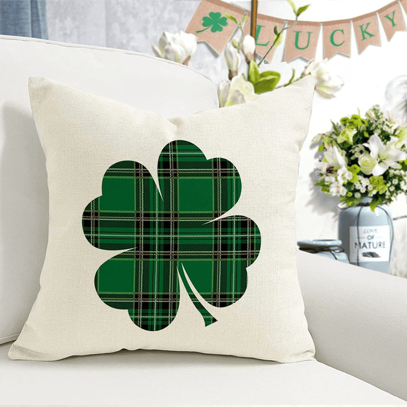 YCOLL St Patricks Day Decorations Throw Pillow Covers 18X18 Set of 4 Scottish Tartan Plaid St Patricks Day Hat Farmhouse Classic Decorative Square Cushion Cases for Sofa Couch Arts & Entertainment > Party & Celebration > Party Supplies YCOLL   