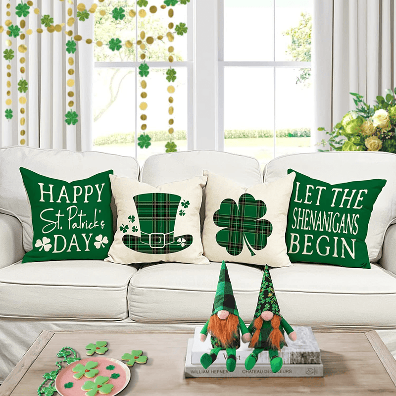 YCOLL St Patricks Day Decorations Throw Pillow Covers 18X18 Set of 4 Scottish Tartan Plaid St Patricks Day Hat Farmhouse Classic Decorative Square Cushion Cases for Sofa Couch Arts & Entertainment > Party & Celebration > Party Supplies YCOLL   