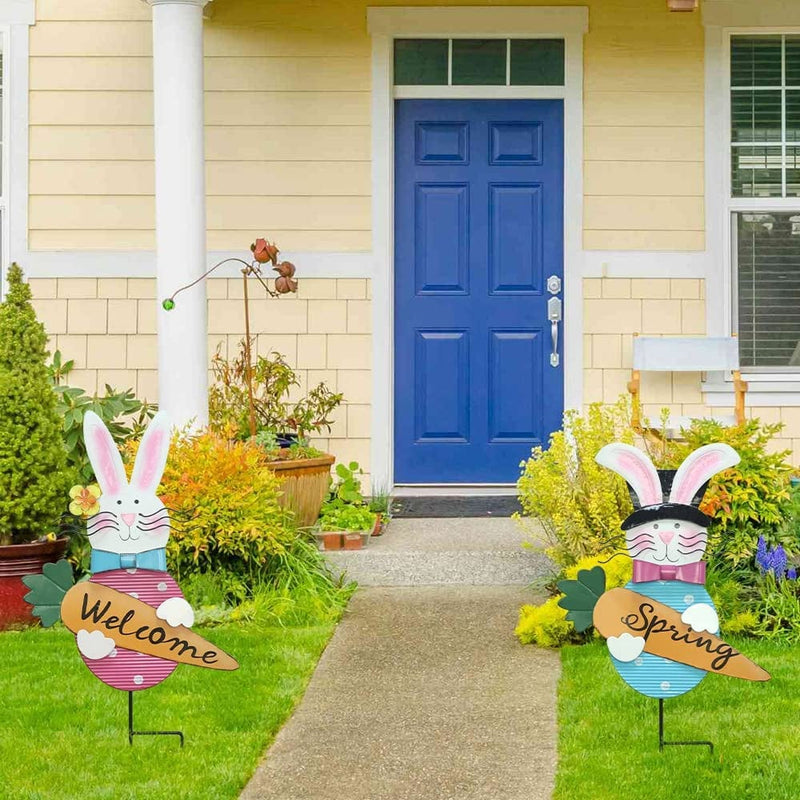 YEAHOME Easter Decorations Outdoor, 2 Pack Metal Bunny Decorative Garden Stakes for Easter Decor, Welcome Spring Yard Signs for outside Garden Lawn Backyard Decorations