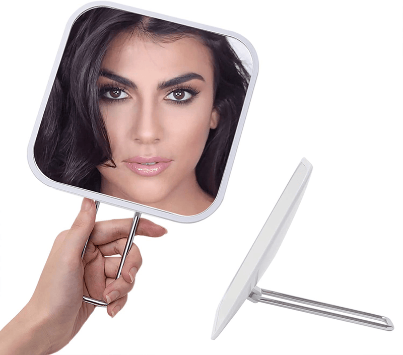 YEAKE Hand Mirror with Handheld Metal Stand, Table Desk Makeup Mirror Portable Travel for Multi-Hanging Wall Mirror on Bathroom Shower Shaving(Square) Sporting Goods > Outdoor Recreation > Camping & Hiking > Portable Toilets & Showers YEAKE White & Metal(large Handheld Makeup Mirror) 9.4"L x 5.9"W (Square) 