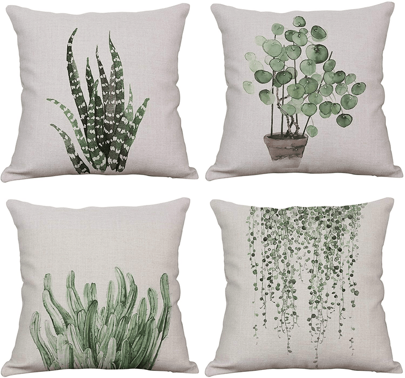 Yeeju Set of 4 Green Plant Throw Pillow Covers Decorative Cotton Linen Square Outdoor Cushion Cover Sofa Home Pillow Covers 20X20 Inch Home & Garden > Decor > Chair & Sofa Cushions YeeJu Plant Set of 4 22*22 inch 