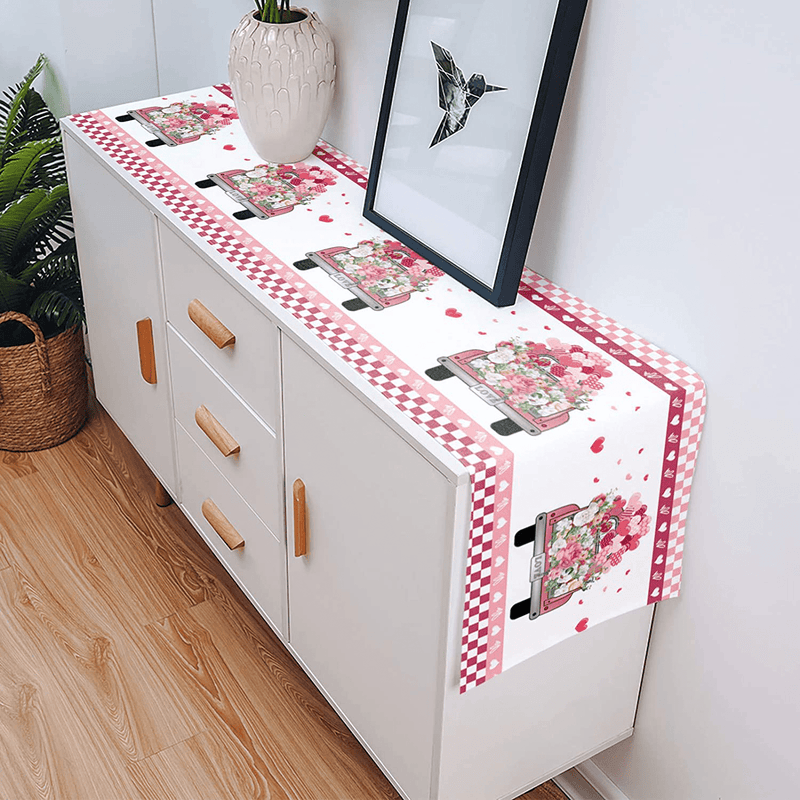 YEHO Art Gallery Happy Valentine'S Day Love Truck with Pink Heart Shaped Flowers Table Runner, Non-Slip Modern Farmhouse Table Runners for Family Dinner Kitchen Table Office Decor 13X90In Home & Garden > Decor > Seasonal & Holiday Decorations YEHO Art Gallery   