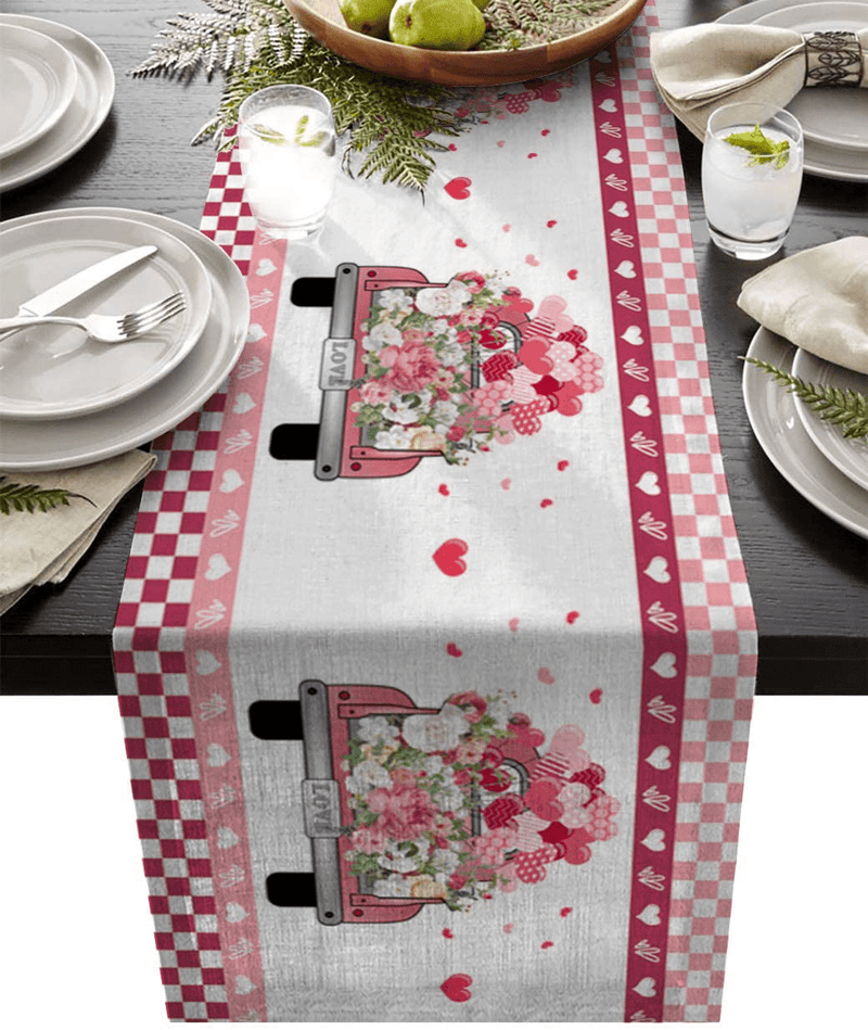 YEHO Art Gallery Happy Valentine'S Day Love Truck with Pink Heart Shaped Flowers Table Runner, Non-Slip Modern Farmhouse Table Runners for Family Dinner Kitchen Table Office Decor 13X90In Home & Garden > Decor > Seasonal & Holiday Decorations YEHO Art Gallery 18x72in=46x183cm  