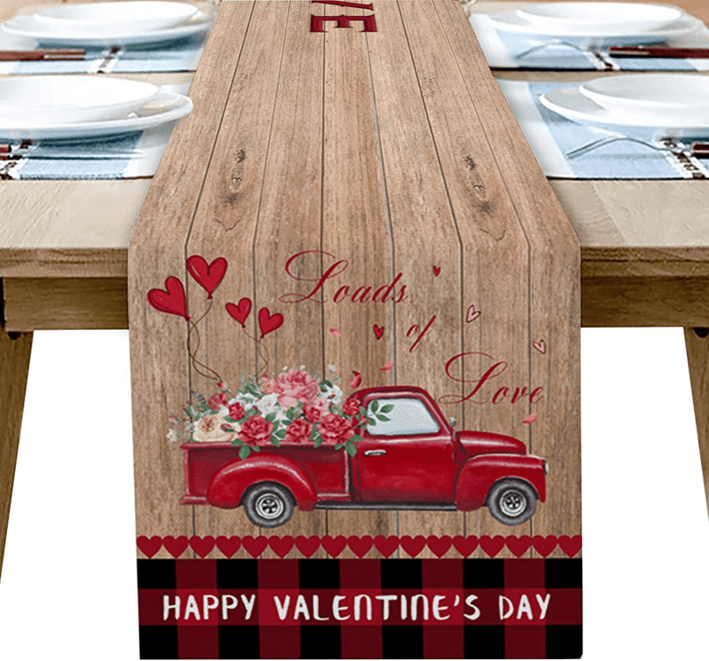 YEHO Art Gallery Happy Valentine'S Day Red Truck with Heart Shaped Flowers Table Runner, Non-Slip Modern Farmhouse Table Runners for Family Dinner Kitchen Table Office Decor 13X70In Home & Garden > Decor > Seasonal & Holiday Decorations YEHO Art Gallery 16x72in=41x183cm  