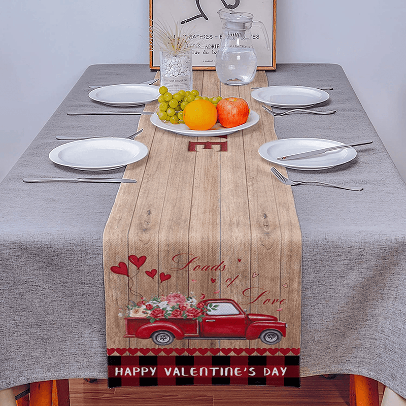 YEHO Art Gallery Happy Valentine'S Day Red Truck with Heart Shaped Flowers Table Runner, Non-Slip Modern Farmhouse Table Runners for Family Dinner Kitchen Table Office Decor 13X70In Home & Garden > Decor > Seasonal & Holiday Decorations YEHO Art Gallery   