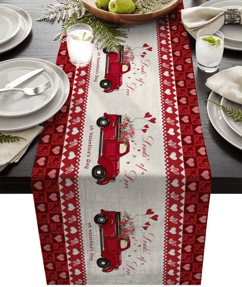 YEHO Art Gallery Red Truck with Flowers Heart Shaped Happy Valentine'S Day Table Runner, Non-Slip Modern Farmhouse Table Runners for Family Dinner Kitchen Table Office Decor 13X70In Home & Garden > Decor > Seasonal & Holiday Decorations YEHO Art Gallery 14x72in=36x183cm  