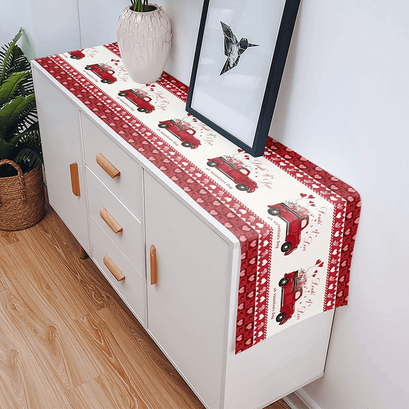YEHO Art Gallery Red Truck with Flowers Heart Shaped Happy Valentine'S Day Table Runner, Non-Slip Modern Farmhouse Table Runners for Family Dinner Kitchen Table Office Decor 13X70In Home & Garden > Decor > Seasonal & Holiday Decorations YEHO Art Gallery   