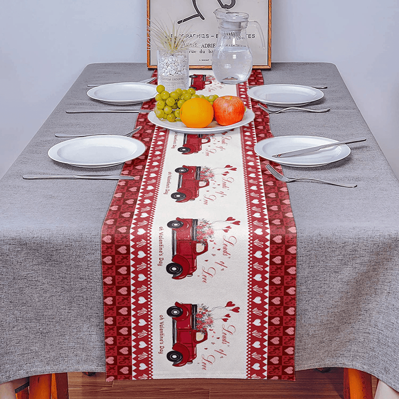 YEHO Art Gallery Red Truck with Flowers Heart Shaped Happy Valentine'S Day Table Runner, Non-Slip Modern Farmhouse Table Runners for Family Dinner Kitchen Table Office Decor 13X70In Home & Garden > Decor > Seasonal & Holiday Decorations YEHO Art Gallery   