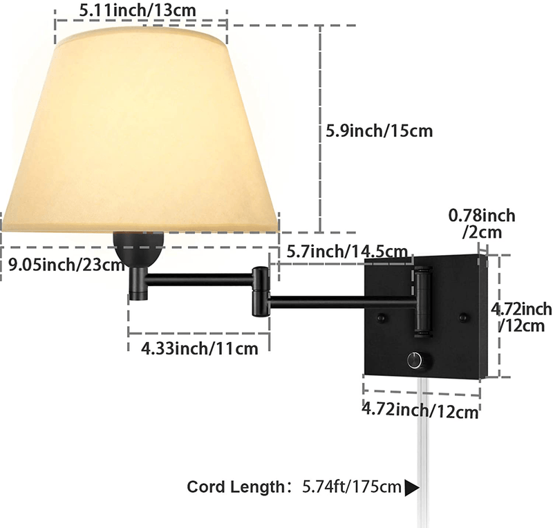 Yeleeino Swing Arm Wall Lamp Plug-In Cord Home Decorators Simplicity Wall Sconce, Ivory Fabric Shade, with On/Off Switch E26 Base 2-Light Bedroom Wall Lights Fixtures, Bedside Reading Lamp (Art Style)
