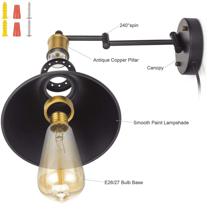 Yeleeino Swing Arm Wall Lamp Plug-In Cord Industrial Wall Sconce, Bronze and Black Finish, with On/Off Switch, E26 Base UL Listed,1-Light Bedroom Wall Lights Fixtures, Bedside Reading Lamp (Art Style) Home & Garden > Lighting > Lighting Fixtures > Wall Light Fixtures KOL DEALS   