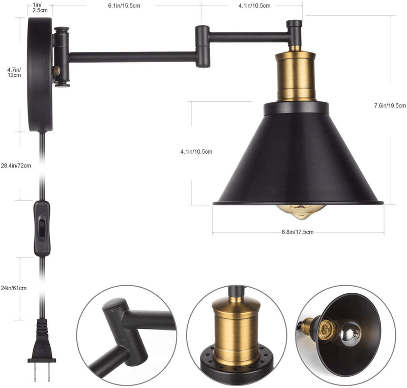 Yeleeino Swing Arm Wall Lamp Plug-In Cord Industrial Wall Sconce, Bronze and Black Finish, with On/Off Switch, E26 Base UL Listed,1-Light Bedroom Wall Lights Fixtures, Bedside Reading Lamp (Art Style) Home & Garden > Lighting > Lighting Fixtures > Wall Light Fixtures KOL DEALS   