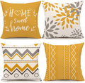 Yellow Geometric Pillow Covers 18X18 Set of 4, Decorative Couch Throw Pillow Cover for Sofa Bedroom, Linen Fabric Pillow Case Farmhouse Cushion Case Outdoor Home Decoration Home & Garden > Decor > Chair & Sofa Cushions AOKE Yellow  