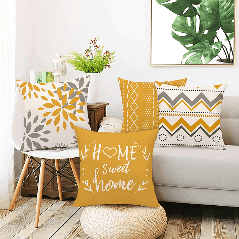Yellow Geometric Pillow Covers 18X18 Set of 4, Decorative Couch Throw Pillow Cover for Sofa Bedroom, Linen Fabric Pillow Case Farmhouse Cushion Case Outdoor Home Decoration Home & Garden > Decor > Chair & Sofa Cushions AOKE   